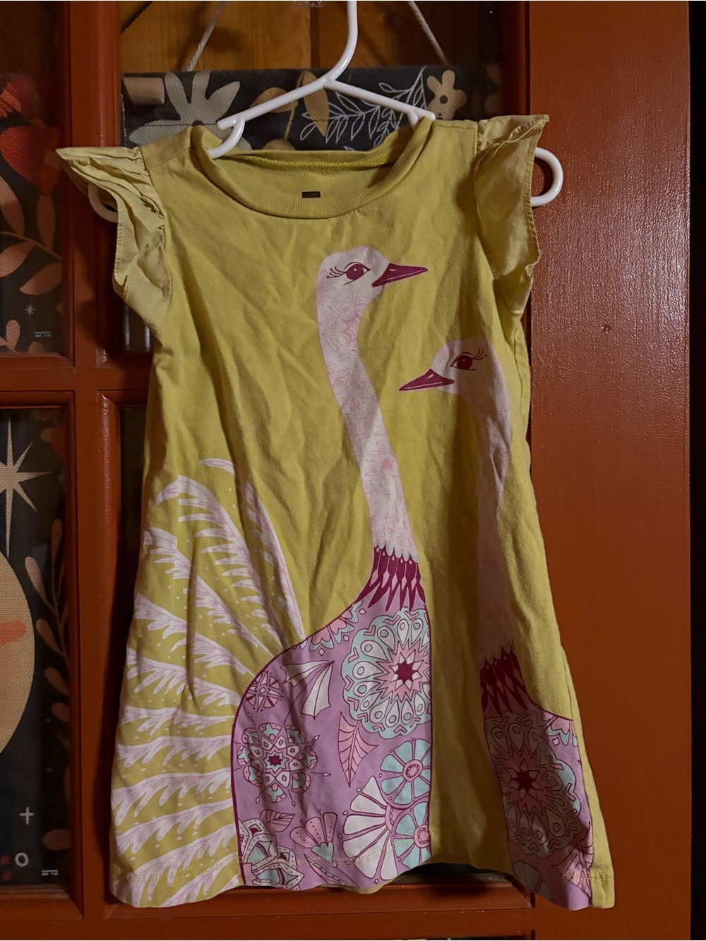 Tea Collection Yellow and Pink Crane Print Flutter Sleeve Dress